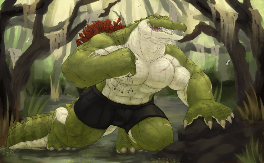 5_fingers 5_toes abs alligator alligatorid anthro biceps big_muscles bottomwear cinna-tree claws clothing crocodilian feet fingers green_body green_scales green_skin hi_res light_body light_skin male many_teeth muscular muscular_anthro muscular_male open_mouth pecs pupils reptile scales scalie scar sharp_claws sharp_teeth shorts slit_pupils solo teeth toes yellow_eyes