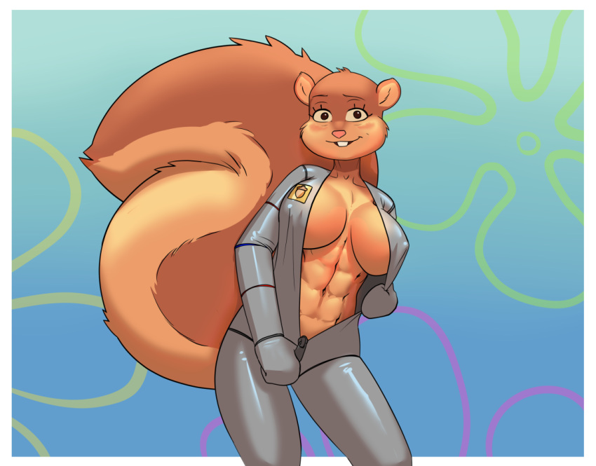 abs anthro big_breasts breasts brown_body brown_fur buckteeth cubikore female fluffy fluffy_tail fur looking_at_viewer mammal muscular muscular_anthro muscular_female nickelodeon nipple_outline rodent sandy_cheeks sciurid smile solo spacesuit spongebob_squarepants teeth tree_squirrel unzipped