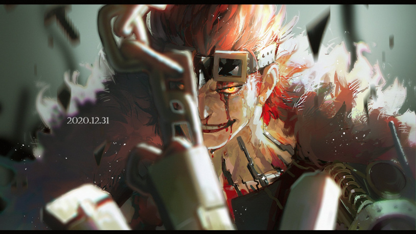 1boy blood blood_on_face blurry blurry_foreground chain commentary_request dated eustass_captain_kid evil_grin evil_smile fur_trim glowing glowing_eyes goggles goggles_on_head grin highres looking_at_viewer male_focus mechanical_arms one_piece orange_eyes prosthesis prosthetic_arm red_hair red_lips scar short_hair single_mechanical_arm smile solo sosogi_(qtgejyrkhrng4jk)