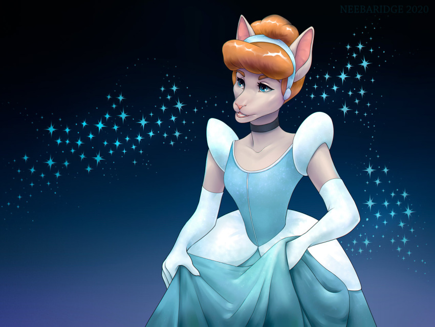 accessory alternate_species anthro blue_eyes breasts brown_hair choker cinderella_(disney) clothed clothing clothing_lift disney domestic_cat dress dress_lift eyelashes felid feline felis female fully_clothed hair hair_accessory hairband jewelry mammal necklace neebaridge solo