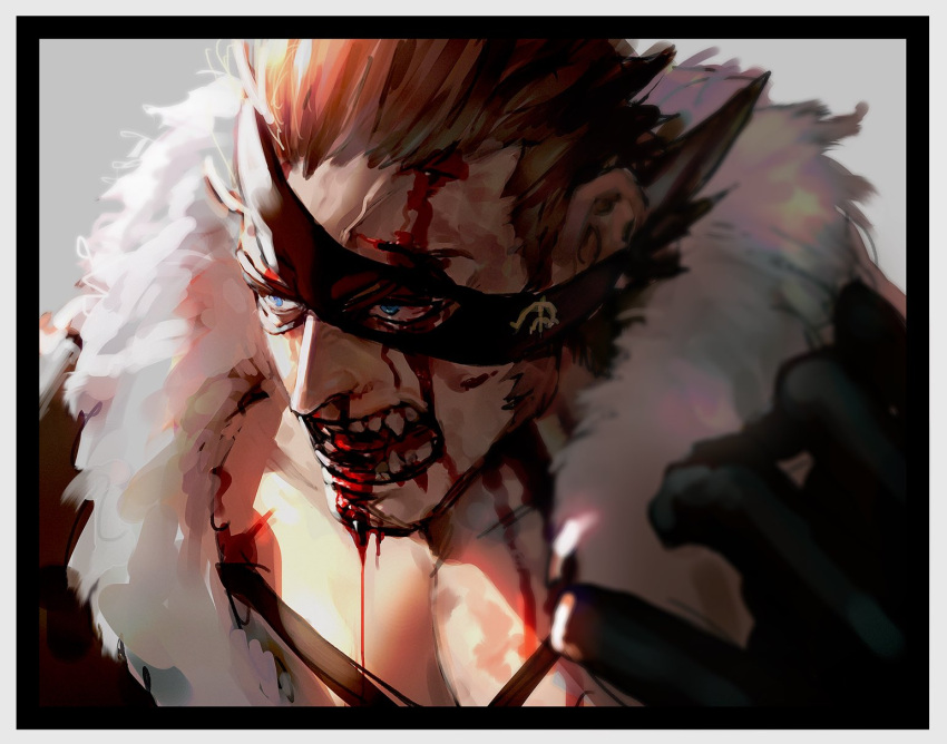 1boy blood blood_from_mouth blood_on_face brown_hair chest_tattoo close-up eyepatch face fur-trimmed_jacket fur_trim gloves hair_slicked_back highres injury jacket long_sideburns male_cleavage male_focus mask muscular muscular_male nosebleed one_piece pectorals short_hair sideburns solo sosogi_(qtgejyrkhrng4jk) spiked_hair tattoo teeth toned toned_male x_drake