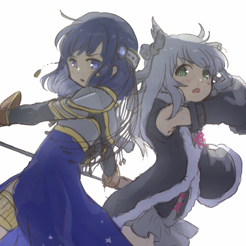 2girls arm_up armor azusa_mifuyu back-to-back backlighting blue_dress blue_eyes blue_hair cross-laced_clothes detached_sleeves dress fighting_stance fur-trimmed_sleeves fur_trim green_eyes grey_hair grey_skirt long_dress long_hair looking_at_viewer looking_back magia_record:_mahou_shoujo_madoka_magica_gaiden mahou_shoujo_madoka_magica medium_hair multiple_girls nanami_yachiyo shoulder_armor side_slit simple_background skirt spaulders tassel thighlet un_nm5sy v-shaped_eyebrows white_background younger