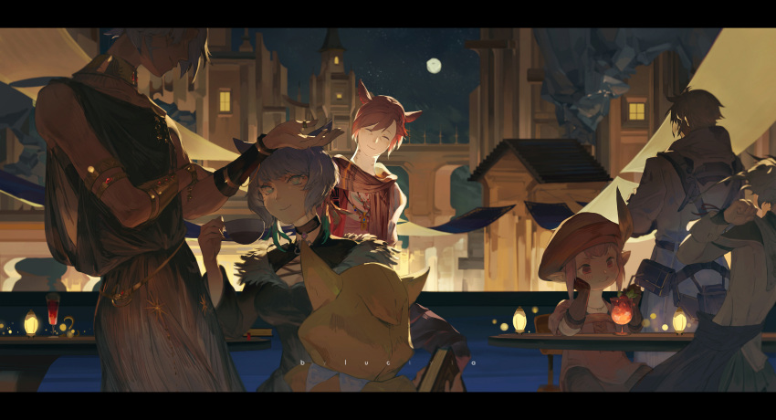 3boys 4girls :q ^_^ alisaie_leveilleur animal_ears animal_hood armband astrologian_(final_fantasy) bangs beret black_choker black_dress black_tunic blue_eyes brown_gloves building cat_ears cat_hood chair chinese_commentary choker clenched_hand closed_eyes collar commentary_request cup dress drinking_glass drinking_straw elbow_gloves elbow_rest elezen elf facial_mark facing_away feather_hair_ornament feathers final_fantasy final_fantasy_xiv fur-trimmed_dress fur_trim g'raha_tia gloves grey_hair grey_jacket hair_ornament hand_up hat hat_feather head_rest highres holding holding_cup hood hyur jacket jewelry krile_mayer_baldesion_(ff14) lalafell luckyia miqo'te moon multiple_boys multiple_girls neck_tattoo necklace night out_of_frame pink_hair pointy_ears red_eyes red_hair red_headwear ring running sash short_hair sitting smile standing table tataru_taru tattoo thancred_waters tongue tongue_out tunic urianger_augurelt wristband x_hair_ornament y'shtola_rhul