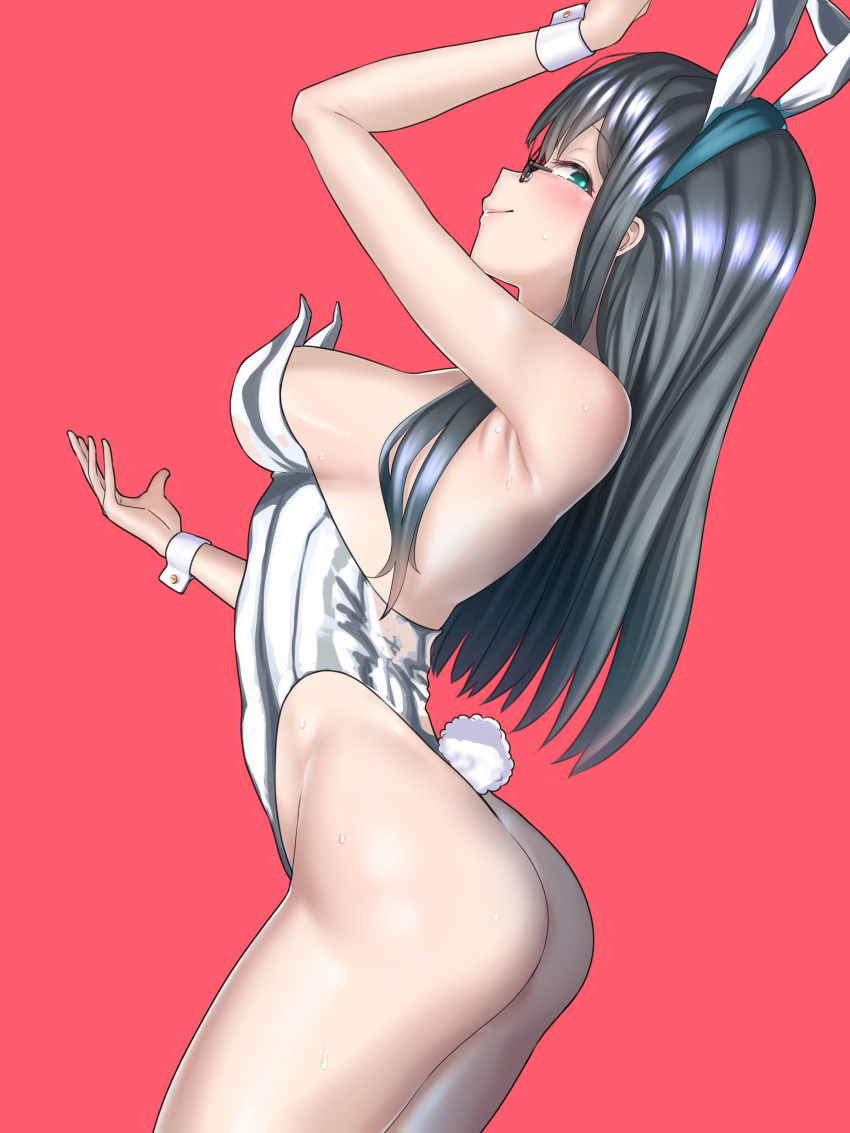 1girl absurdres animal_ears bare_legs black_hair breasts cowboy_shot glasses green_eyes highres kantai_collection leotard long_hair looking_at_viewer medium_breasts ooyodo_(kancolle) playboy_bunny profile rabbit_ears rabbit_tail red_background reizou silver_leotard simple_background solo standing tail thong_leotard wrist_cuffs