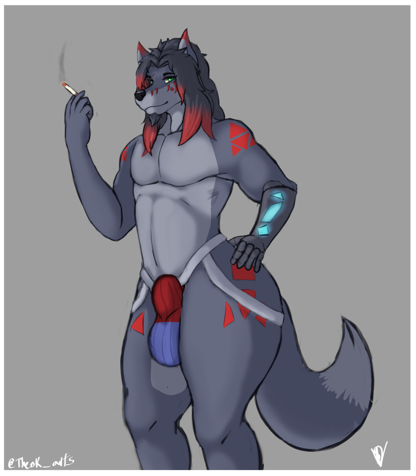 absurd_res big_butt bulge butt canid canine canis cigarette clothing enzeru genital_outline hi_res jockstrap looking_at_viewer male mammal mechanical_arm muscular muscular_male sheath_outline smoking smoking_tobacco solo theok_arts thick_thighs underwear wolf