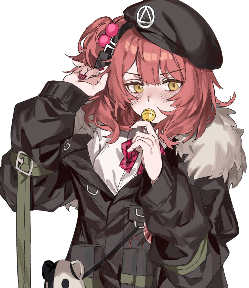 1girl aogisa beret blush candy commission food girls_frontline hat highres lollipop medium_hair mp7_(girls_frontline) red_eyes red_hair side_ponytail skeb_commission solo yellow_eyes