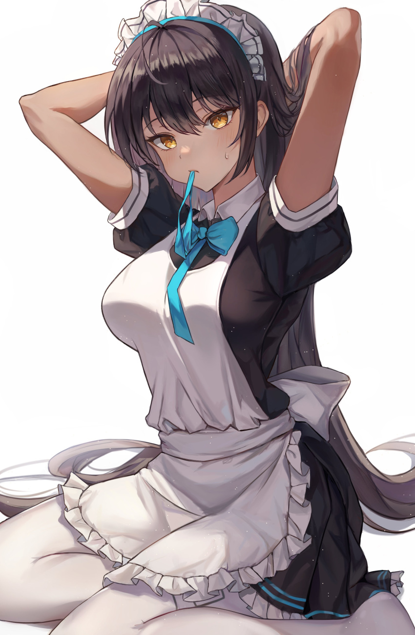 1girl absurdres apron arms_up bangs black_dress black_hair blue_archive blue_bow blue_neckwear blush bow bowtie breasts closed_mouth dark_skin dark_skinned_female dress eyebrows_visible_through_hair frilled_apron frilled_dress frills highres karin_(blue_archive) long_hair maid maid_headdress medium_breasts mouth_hold mrr_05 orange_eyes pantyhose short_sleeves simple_background sitting solo sweat tying_hair very_long_hair white_apron white_background white_legwear yokozuwari