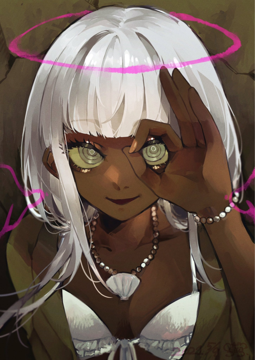 1girl bangs bikini bracelet breasts brown_jacket cleavage collarbone commentary_request danganronpa_(series) danganronpa_v3:_killing_harmony dark_skin dark_skinned_female dated eyebrows_visible_through_hair frilled_bikini frilled_skirt frills ganguro green_eyes grey_eyes halo hand_over_eye hand_up highres jacket jewelry ko_jira long_hair looking_at_viewer low_twintails necklace signature silver_hair skirt smile solo swimsuit twintails upper_body white_hair yonaga_angie