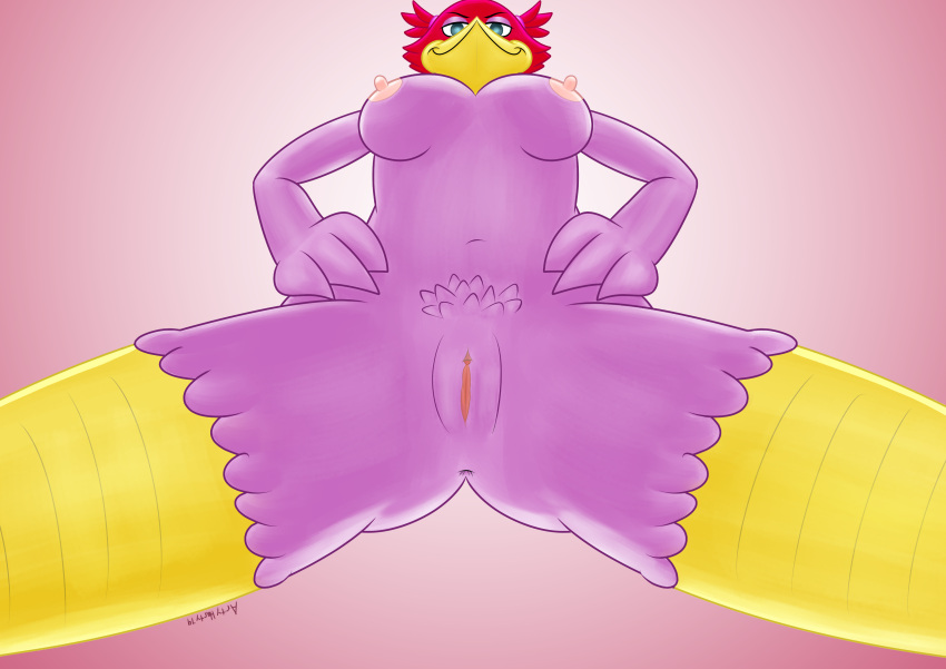 absurd_res anthro artyharty_(artist) avian beak bird blue_eyes breasts feathers female first_person_view genitals hi_res looming natasha_(artyharty) nipples non-mammal_breasts picid pink_body pink_feathers pussy smile smirk solo woodpecker yellow_beak