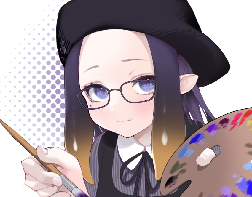 amejaga beret blush bow forehead glasses hat highres holding holding_paintbrush hololive hololive_english light_smile looking_at_viewer mole mole_under_eye multicolored_hair ninomae_ina'nis orange_hair paintbrush palette pointy_ears purple_eyes purple_hair shirt striped striped_shirt tentacle_hair virtual_youtuber