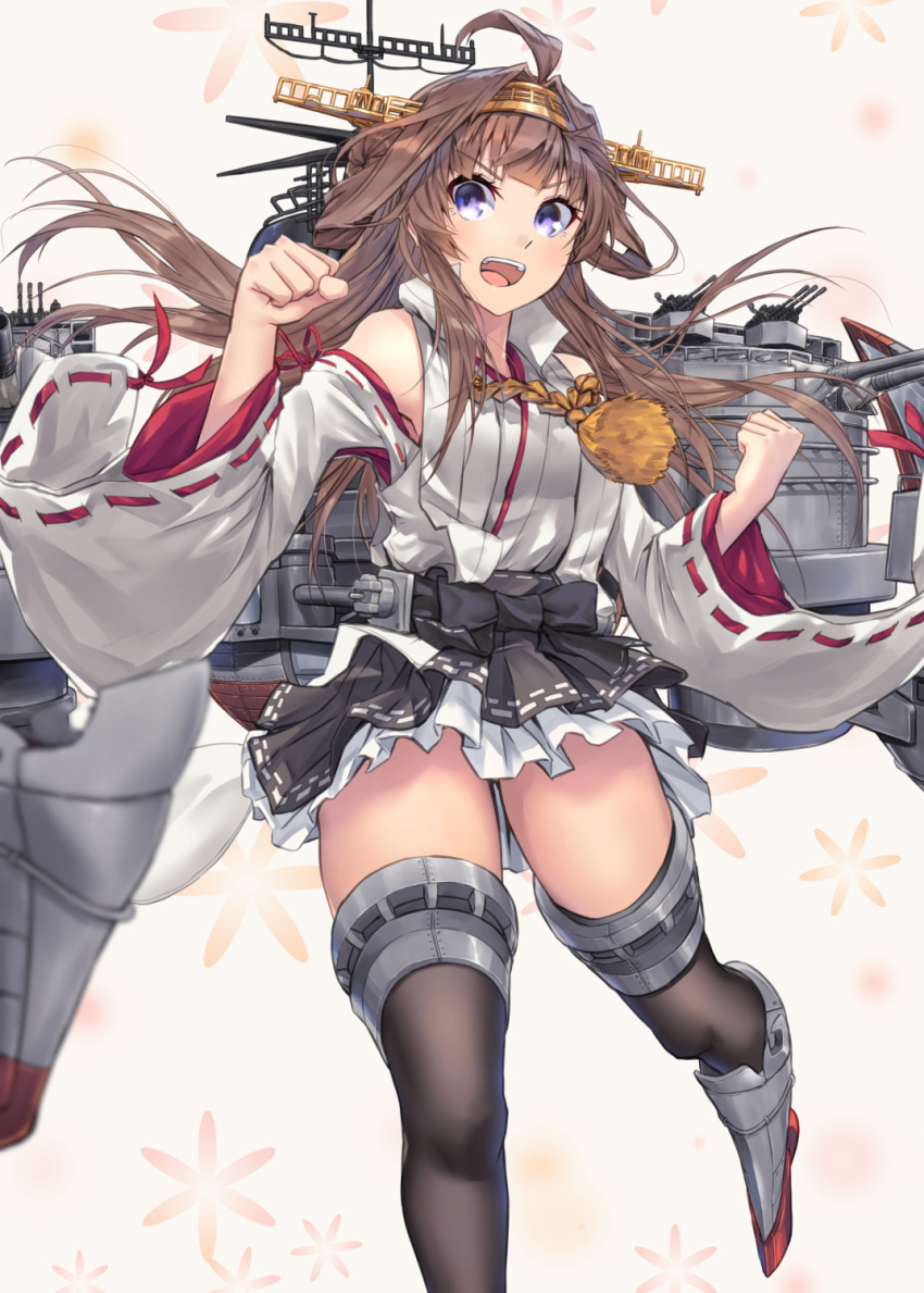 1girl ahoge bad_anatomy bad_perspective black_legwear black_skirt blush brown_hair clenched_hands detached_sleeves double_bun eyebrows_visible_through_hair headgear highres japanese_clothes kantai_collection kongou_(kancolle) long_hair long_sleeves machinery nontraditional_miko open_mouth pleated_skirt purple_eyes remodel_(kantai_collection) ribbon-trimmed_sleeves ribbon_trim rigging rudder_footwear skirt smile solo thighhighs turret wide_sleeves zombie_mogura