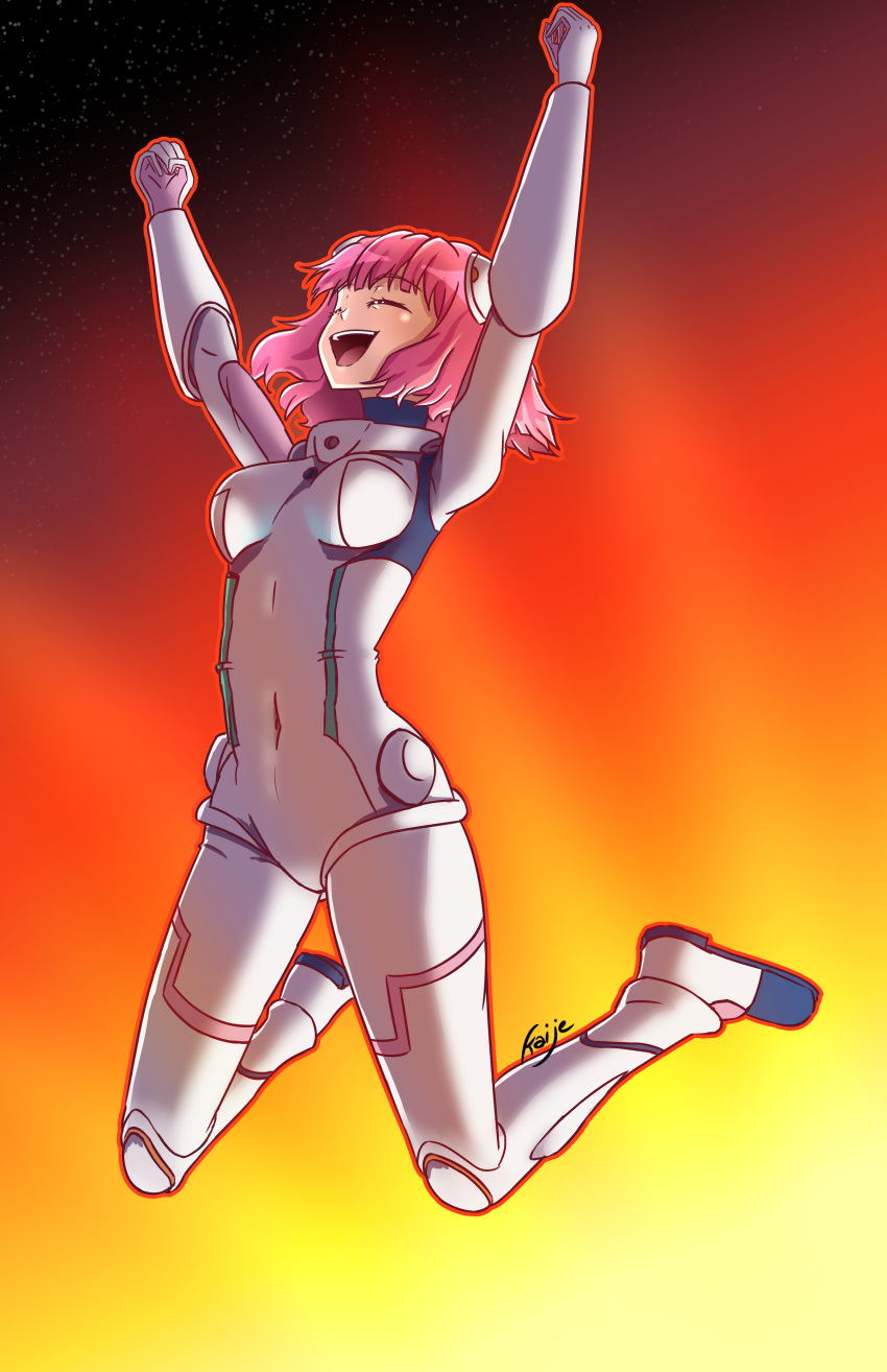 1girl :d absurdres aries_spring arms_up artist_name bodysuit breasts clenched_hand closed_eyes covered_navel full_body gradient gradient_background highres kaije7 kanata_no_astra medium_breasts open_mouth pink_hair smile solo