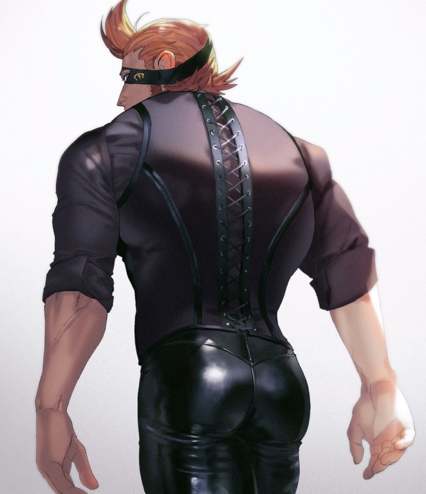 1boy alternate_costume back bara brown_hair eyepatch formal from_behind hair_slicked_back highres latex_pants leather leather_pants long_sideburns looking_at_viewer looking_back male_focus mask muscular muscular_male one_piece pants short_hair sideburns sleeves_rolled_up solo sosogi_(qtgejyrkhrng4jk) spiked_hair standing x_drake