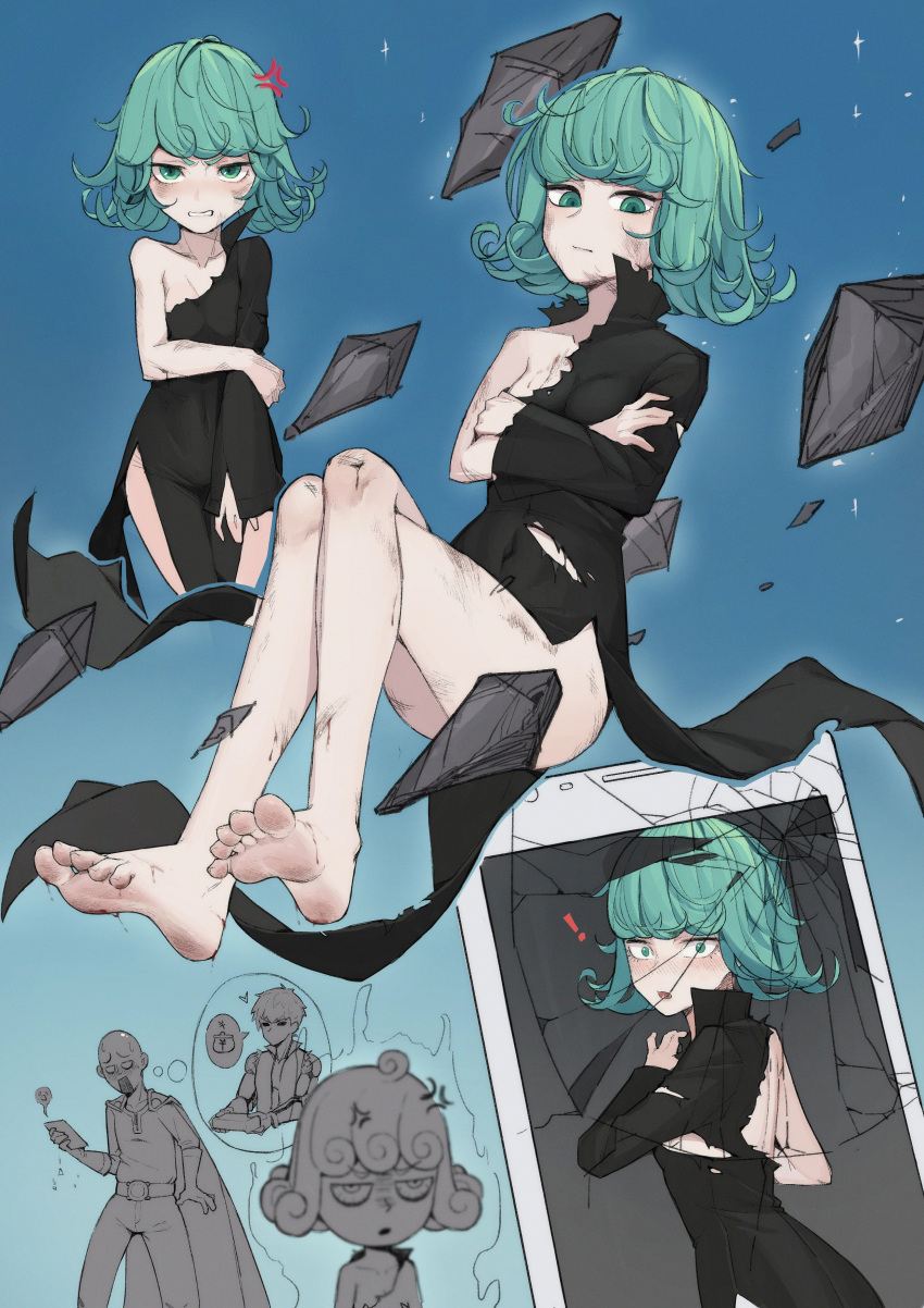 ! 1girl 2boys absurdres anger_vein angry arm_under_breasts bare_legs barefoot black_dress blue_background breasts cellphone chibi commentary_request cracked_phone crossed_arms crossed_legs dress feet floating full_body genos green_eyes green_hair highres holding_own_arm lan_mao_akko legs long_sleeves looking_at_viewer multiple_boys multiple_views one-punch_man partially_colored phone photo_(object) saitama_(one-punch_man) short_hair single_bare_shoulder small_breasts smartphone soles tatsumaki toes torn_clothes torn_dress