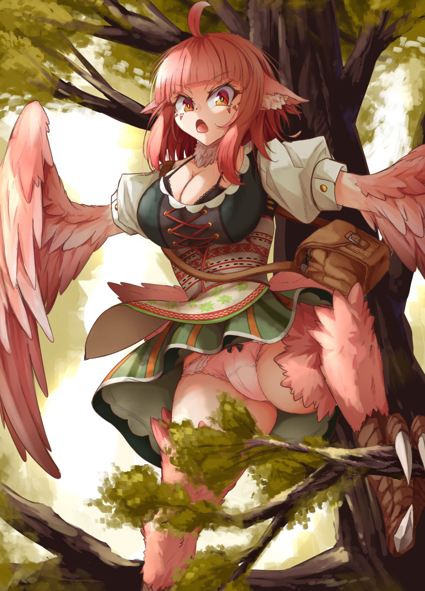 1girl ahoge animal_ears bag bangs bird_legs bird_tail black_bra blunt_bangs book bra breasts cleavage commentary_request dress eyebrows_visible_through_hair facial_mark fang feathers harpy highres in_tree lace lace_bra lace_panties large_breasts mahimaru medium_hair monster_girl neck_ruff open_mouth original panties pink_feathers pink_hair pink_panties puffy_short_sleeves puffy_sleeves red_eyes satchel short_sleeves solo tail tail_feathers talons tree underwear upskirt winged_arms wings