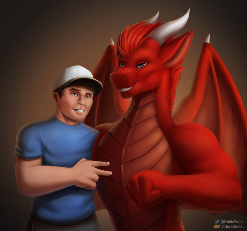 absurd_res brown_background clothed clothing dragon duo gesture hat headgear headwear hi_res horn human looking_at_viewer mammal noblewolfa nude portrait simple_background smile v_sign vittorionobile wings