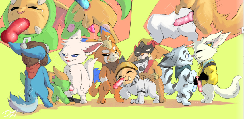 animal_genitalia anthro balls demacianyordle erection feral genitals gnar_(lol) group group_sex league_of_legends male male/male nude open_mouth orgy penetration penis riot_games sex simple_background video_games yordle