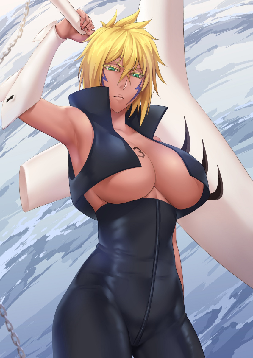 1girl armpits black_bodysuit bleach blonde_hair blush bodysuit breasts closed_mouth eyebrows_visible_through_hair facial_tattoo from_below green_eyes highres large_breasts looking_down no_bra sakuya_(liao_kj) shiny shiny_hair short_hair sky solo sword tattoo tier_harribel underboob weapon