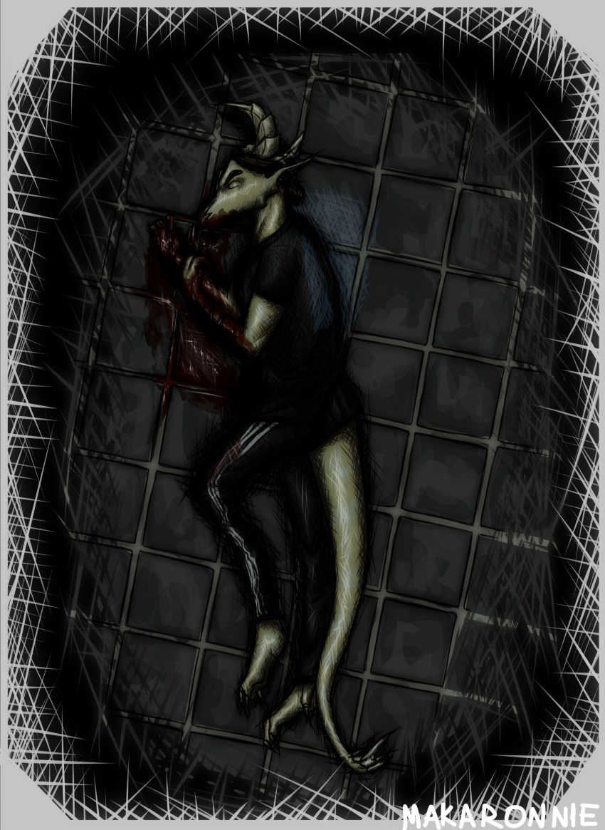 absurd_res anthro bjorn_(makaronnie) black_bottomwear black_clothing black_pants black_shirt black_topwear blood bodily_fluids border bottomwear broken_horn brown_hair clothing cross-hatching dark dragon eyebrows eyes_closed feet floor full-length_portrait gore hair hatching_(art) hi_res horn light lighting makaronnie male pants portrait reptile scalie shaded shirt signature solo spiked_tail spikes spikes_(anatomy) suicide sweat tile tile_floor topwear wet wounded yellow_body