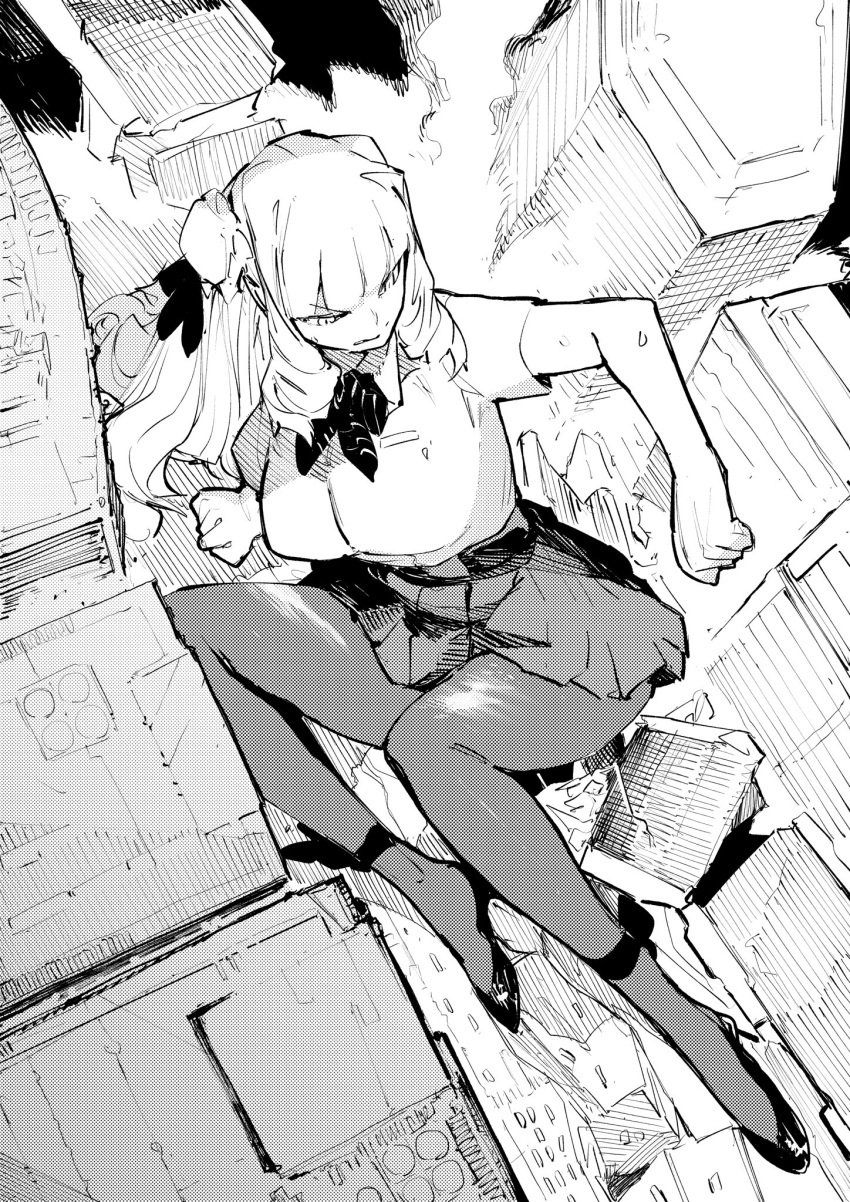 1girl bangs breasts city commentary double_bun drill_hair greyscale high_heels highres long_hair monochrome nikukaiq original pantyhose pleated_skirt school_uniform sitting skirt solo sweat