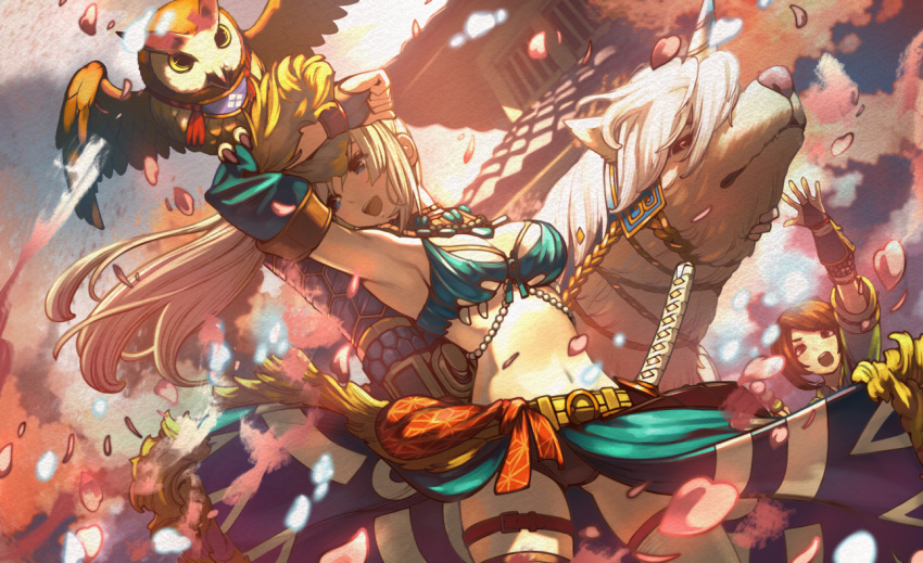 armlet bare_shoulders bikini bird blonde_hair blush bracelet breasts circlet cleavage cohoot dancer dango earrings food jewelry kanrinin_(gyfp4747) large_breasts long_hair looking_at_viewer medium_breasts midriff monster_hunter_(series) monster_hunter_rise navel necklace open_mouth owl simple_background smile swimsuit wagashi yomogi_(monster_hunter)