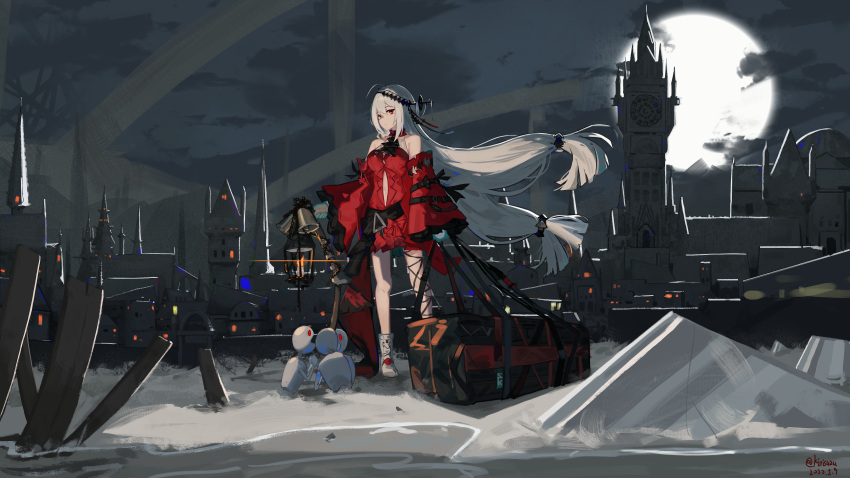 1girl absurdres airnery aqua_gloves arknights bag bangs bare_legs bare_shoulders black_ribbon bloodborne boots breasts building chinese_commentary clock clock_tower clothing_cutout commentary dress full_moon gloves highres holding holding_strap huge_filesize lantern leg_ribbon long_hair long_sleeves looking_at_viewer low-tied_long_hair mixed-language_commentary moon navel navel_cutout night no_hat no_headwear off-shoulder_dress off_shoulder outdoors red_dress red_eyes ribbon short_dress silver_hair skadi_(arknights) skadi_the_corrupting_heart_(arknights) small_breasts solo staff standing thighs tower very_long_hair weapon_bag white_footwear wide_sleeves