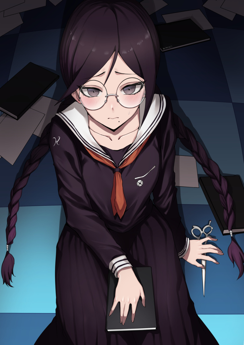 1girl bangs black_hair black_serafuku book braid collarbone danganronpa:_trigger_happy_havoc danganronpa_(series) from_above fukawa_touko glasses highres long_hair long_skirt looking_at_viewer looking_up memero_7272 pleated_skirt school_uniform scissors serafuku sitting skirt solo tiles twin_braids