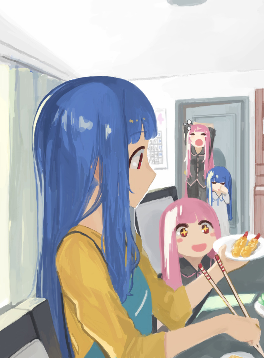 4girls absurdres apron arms_up black_pants black_shirt blue_hair blush_stickers bubble chair chopsticks commentary curtains door dress dual_persona food highres holding holding_chopsticks holding_plate indoors kagari-lunatic kotonoha_akane kotonoha_aoi long_hair multiple_girls open_mouth pants pink_hair plate red_eyes room rubbing_eyes shirt siblings sisters sitting smile sparkling_eyes tempura very_long_hair voiceroid white_dress window yawning yellow_shirt younger
