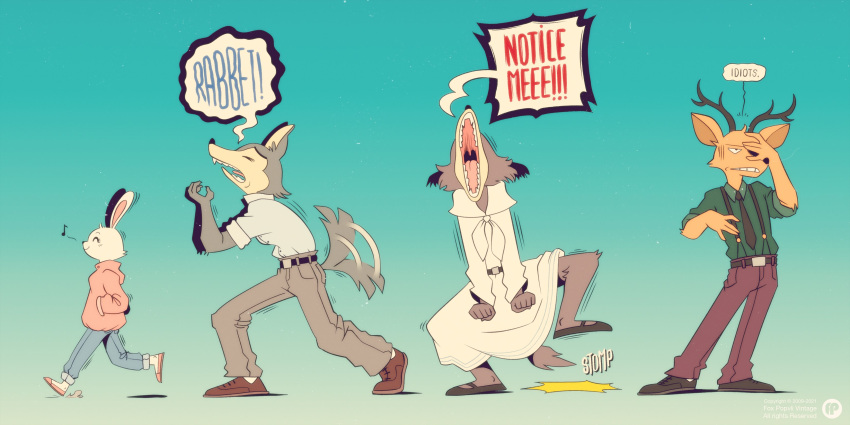2021 absurd_res anthro antlers beastars belt blue_background bottomwear canid canine canis cervid clothed clothing dialogue dress dress_shirt english_text eyes_closed female footwear fox-pop frown group hand_on_face hands_in_pockets haru_(beastars) hi_res hoodie horn humor juno_(beastars) lagomorph legoshi_(beastars) leporid louis_(beastars) male mammal motion_lines musical_note narrowed_eyes neckerchief necktie onomatopoeia open_mouth pants pockets rabbit shirt shoes simple_background smile sound_effects standing stomping suspenders tailwag text topwear walking wolf yelling