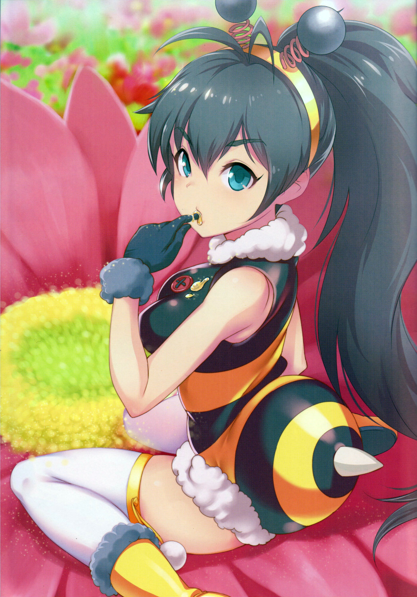 1girl absurdres antenna_hair bare_shoulders bee_costume black_hair blue_eyes color_halftone color_issue day eyebrows_visible_through_hair finger_in_mouth from_side ganaha_hibiki highres honey huge_filesize idolmaster idolmaster_(classic) long_hair looking_at_viewer looking_to_the_side outdoors ponytail scan sitting thighhighs very_long_hair white_legwear