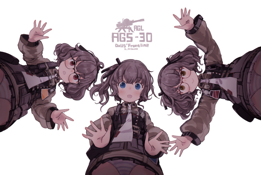 3girls ags-30_(girls_frontline) ahoge bangs blue_eyes brown_eyes brown_hair closed_mouth from_below girls_frontline glasses highres id_card looking_at_viewer mishima_hiroji multiple_girls open_mouth panties red_eyes shirt side_ponytail simple_background skirt smile striped striped_panties underwear vest white_background