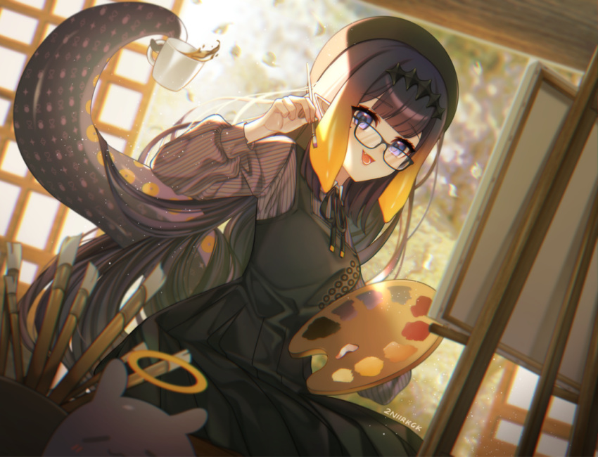 1girl bangs beret black_headwear breasts coffee coffee_mug commentary cup fang hair_behind_ear halo hat holding holding_cup holding_paintbrush hololive hololive_english mole mole_under_eye monogram mug nii_a_sleepy_knee ninomae_ina'nis open_mouth paintbrush palette pointy_ears purple_eyes purple_hair signature small_breasts smile solo tako_(ninomae_ina'nis) tentacle_hair tentacles virtual_youtuber