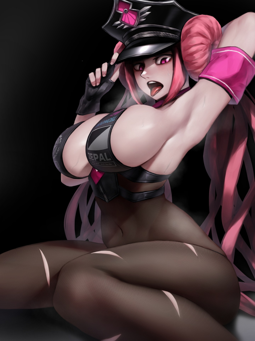 1girl arm_behind_head arm_up armband armpits bare_shoulders beret between_breasts black_background black_headwear bluecup bodystocking bodysuit breasts brown_bodysuit character_request cleavage cosplay covered_navel double_bun fate/grand_order fate_(series) fine_fabric_emphasis fingernails hand_on_headwear hat highres large_breasts long_hair looking_at_viewer necktie necktie_between_breasts open_mouth original pink_eyes pink_hair pink_neckwear sesshouin_kiara sesshouin_kiara_(swimsuit_mooncancer)_(fate) sesshouin_kiara_(swimsuit_mooncancer)_(fate)_(cosplay) sideboob sidelocks simple_background sitting skindentation solo sweat tongue tongue_out torn_bodysuit torn_clothes upper_teeth very_long_hair wariza