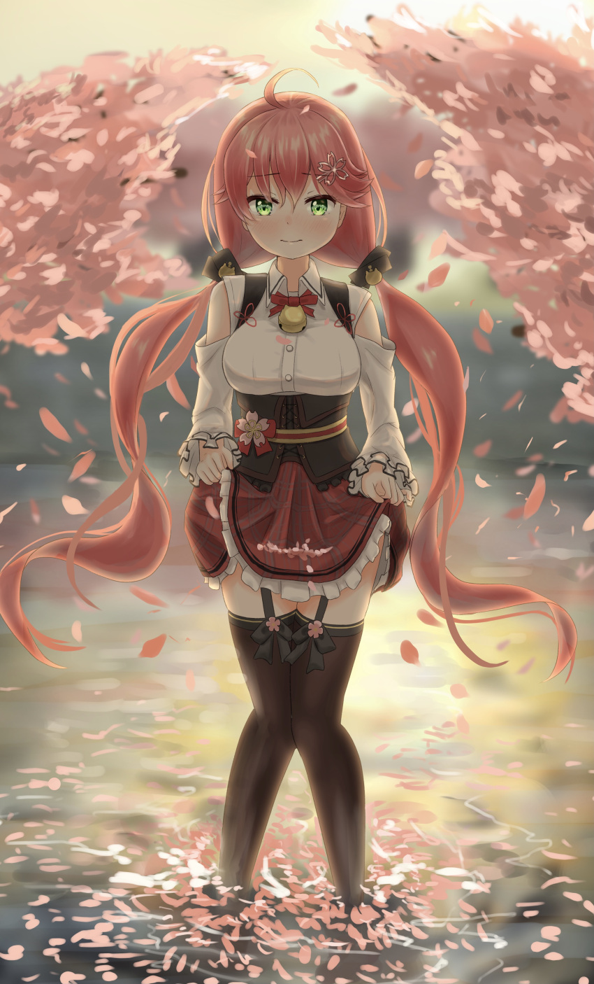 1girl absurdres ahoge asakura_(asa_t77) bell black_legwear blurry blurry_background blush breasts cherry_blossoms commentary_request detached_sleeves eyebrows_visible_through_hair garter_straps green_eyes grimace hair_between_eyes hair_ornament hairclip highres hololive knees_together_feet_apart large_breasts lifted_by_self long_hair looking_at_viewer low_twintails neck_bell neck_ribbon petals petals_on_liquid pink_hair plaid plaid_skirt red_neckwear ribbon sakura_miko skirt skirt_basket skirt_lift solo thighhighs twintails underbust very_long_hair virtual_youtuber wading