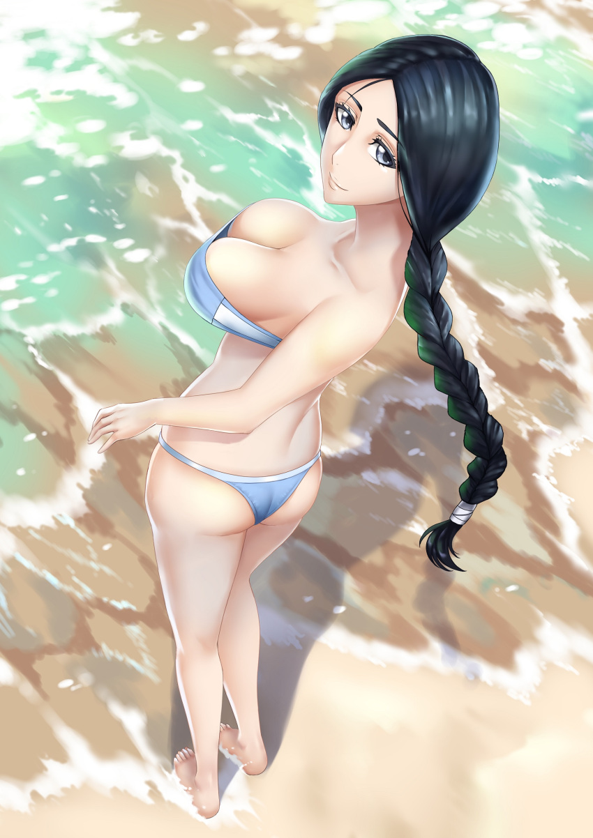 1girl absurdres ass beach bikini black_hair bleach blue_bikini blue_eyes blush braid braided_ponytail breasts cleavage collarbone commentary_request eyebrows_visible_through_hair from_above highres large_breasts long_hair looking_at_viewer looking_up outdoors sakuya_(liao_kj) shiny shiny_hair solo standing strapless strapless_bikini swimsuit unohana_retsu