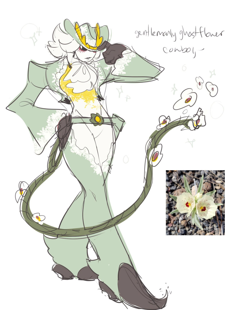 anthro chaps clothing colored colored_sketch cowboy cowboy_hat elemental_creature elemental_humanoid english_text flora_fauna flower hat headgear headwear hi_res humanoid male plant plant_humanoid sketch solo text vongulli whip