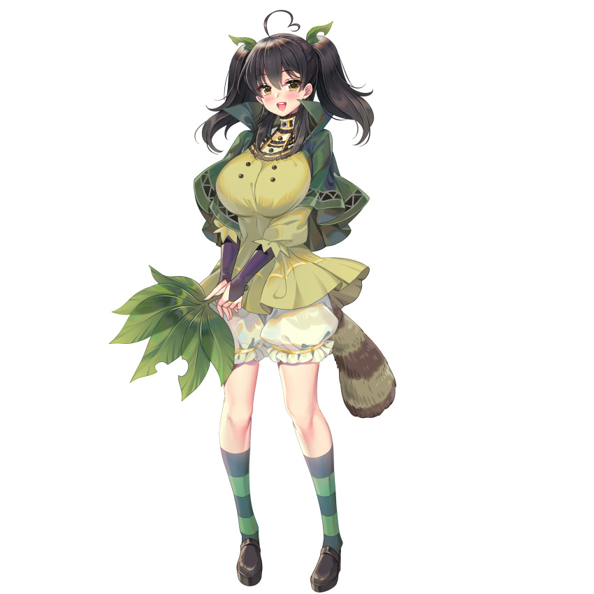 absurdres ahoge breasts bridal_gauntlets brown_hair hair_ornament heart_ahoge highres holding holding_leaf huge_breasts leaf leaf_hair_ornament lebachqui126 misato_(senran_kagura) raccoon raccoon_tail senran_kagura senran_kagura_new_wave smile solo tail tanuki twintails yellow_eyes