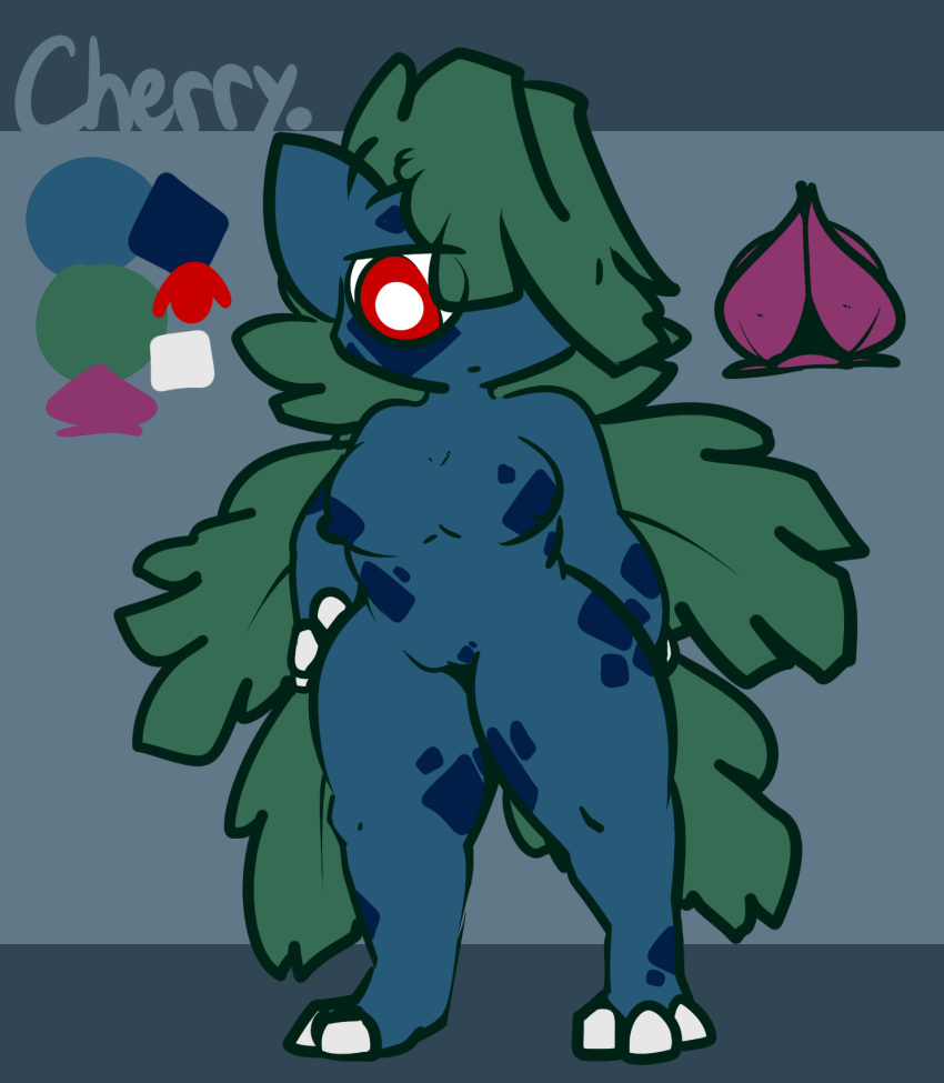1-upclock 2021 3_fingers 3_toes anthro blue_body blue_nipples blue_scales breasts cherry_(1-upclock) claws feet female finger_claws fingers front_view genitals green_hair grey_background hair hair_over_eye hi_res ivysaur leaf leaf_hair long_hair looking_down medium_breasts model_sheet nintendo nipples nude one_eye_obstructed plant plant_hair pok&eacute;mon pok&eacute;mon_(species) pseudo_hair pupils pussy red_eyes scales scalie simple_background solo toe_claws toes video_games white_claws white_pupils