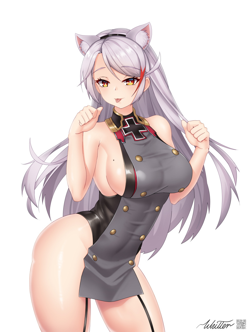 1girl :p absurdres adapted_costume animal_ear_fluff animal_ears azur_lane bare_shoulders breasts buttons cat_ears double-breasted dress eyebrows_visible_through_hair garter_straps grey_dress highres large_breasts long_hair looking_at_viewer mole mole_on_breast paw_pose prinz_eugen_(azur_lane) red_hair sideboob signature silver_hair simple_background sleeveless sleeveless_dress solo taut_clothes taut_dress thighs tongue tongue_out white_background whitter yellow_eyes