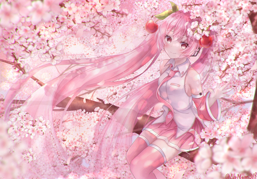 1girl absurdly_long_hair absurdres bare_shoulders branch cherry_blossoms cherry_hair_ornament commentary cowboy_shot detached_sleeves flower food_themed_hair_ornament hair_ornament hatsune_miku highres huge_filesize in_tree long_hair looking_at_viewer miniskirt necktie noneon319 pink_eyes pink_flower pink_hair pink_legwear pink_neckwear pink_skirt pink_sleeves pink_theme pleated_skirt sakura_miku shirt sideways_glance sitting sitting_in_tree sketch skirt sleeveless sleeveless_shirt smile solo thighhighs tree twintails very_long_hair vocaloid white_shirt zettai_ryouiki