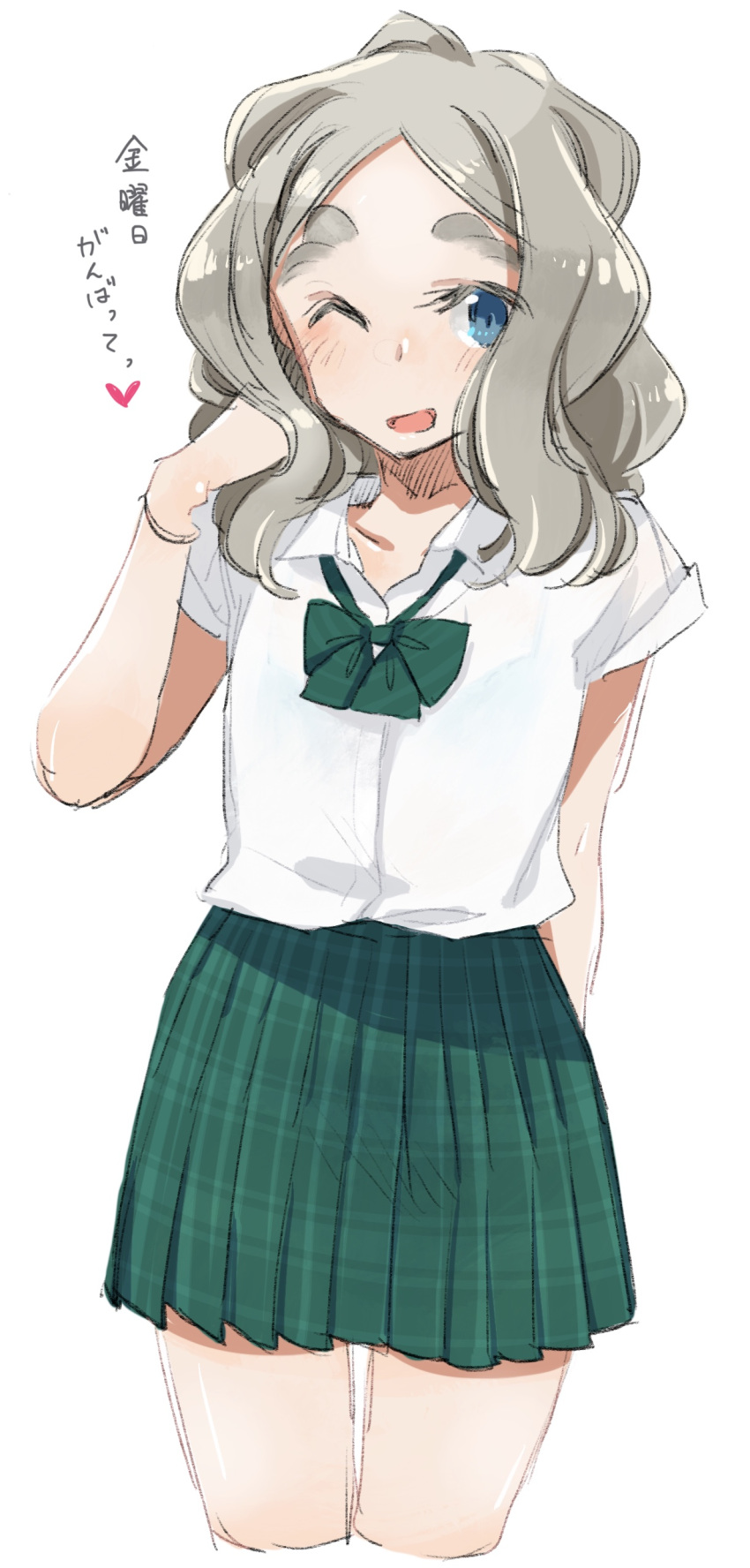 1girl absurdres chibikko_(morihito) green_skirt highres looking_at_viewer morihito one_eye_closed original plaid plaid_skirt pleated_skirt school_uniform simple_background sketch skirt solo thick_eyebrows wavy_hair white_background