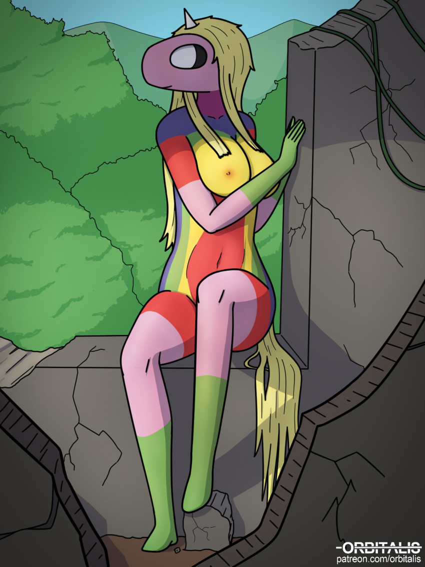 adventure_time anthro black_eyes blonde_hair blonde_tail breasts cartoon_network equid equine female fur hair hi_res horn lady_rainicorn long_hair mammal mountain multicolored_body multicolored_fur navel nipples nude orbitalis outside plant pupils rainicorn ruins sitting sky smile solo tree unicorn vines white_pupils