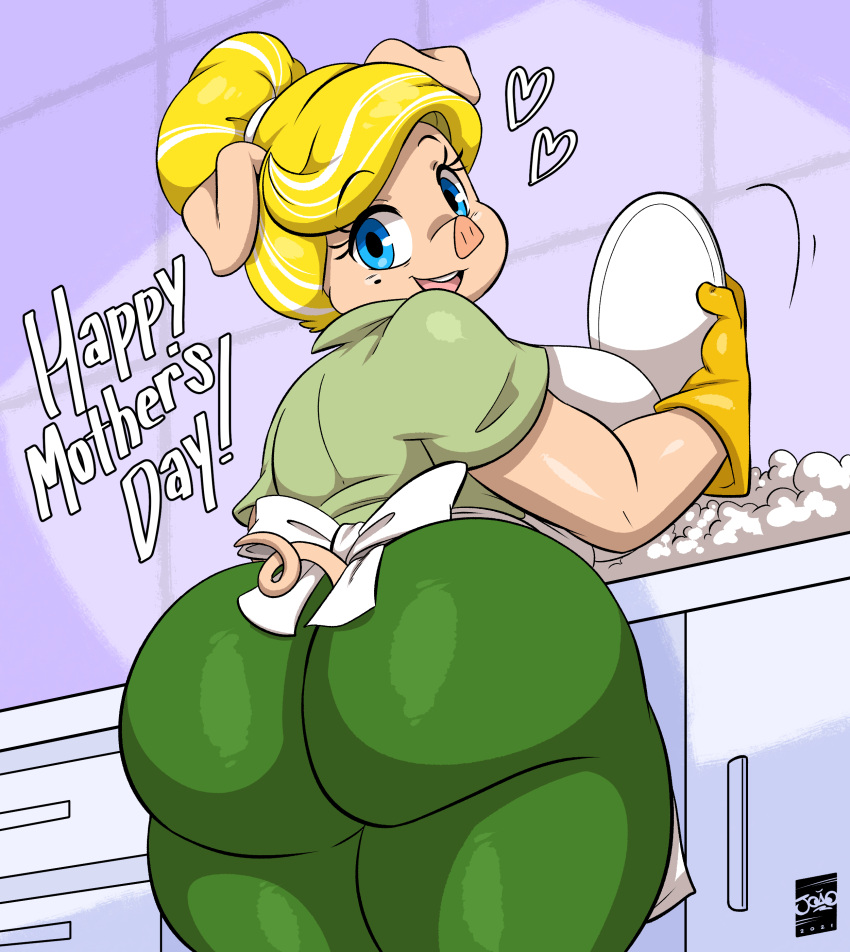 absurd_res anthro big_breasts big_butt blonde_hair breasts butt cartoon_network cosplay dexter's_laboratory dexter's_mom domestic_pig english_text female hair hi_res huge_butt joaoppereiraus mammal mature_female pink_body pink_skin plate simple_background solo suid suina sus_(pig) text washing_dishes