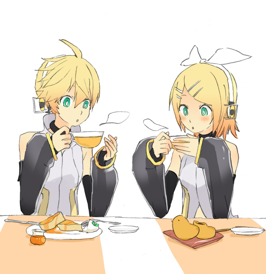 1boy 1girl aqua_eyes bare_shoulders black_sleeves blonde_hair blowing choker commentary cup d_futagosaikyou detached_sleeves food fork headphones highres hiyoko_manjuu holding holding_cup kagamine_len kagamine_len_(append) kagamine_rin kagamine_rin_(append) knife light_blush pancake plate shirt short_hair sitting sketch sleeveless sleeveless_shirt spiked_hair steam upper_body vocaloid vocaloid_append white_shirt