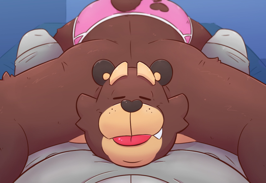 2021 anthro bed brown_body brown_fur cade_(the_human_heart) clothing cute_fangs duo eyes_closed fur furniture leonthelionel male mammal overweight overweight_male the_human_heart_(game) tongue tongue_out underwear ursid video_games visual_novel