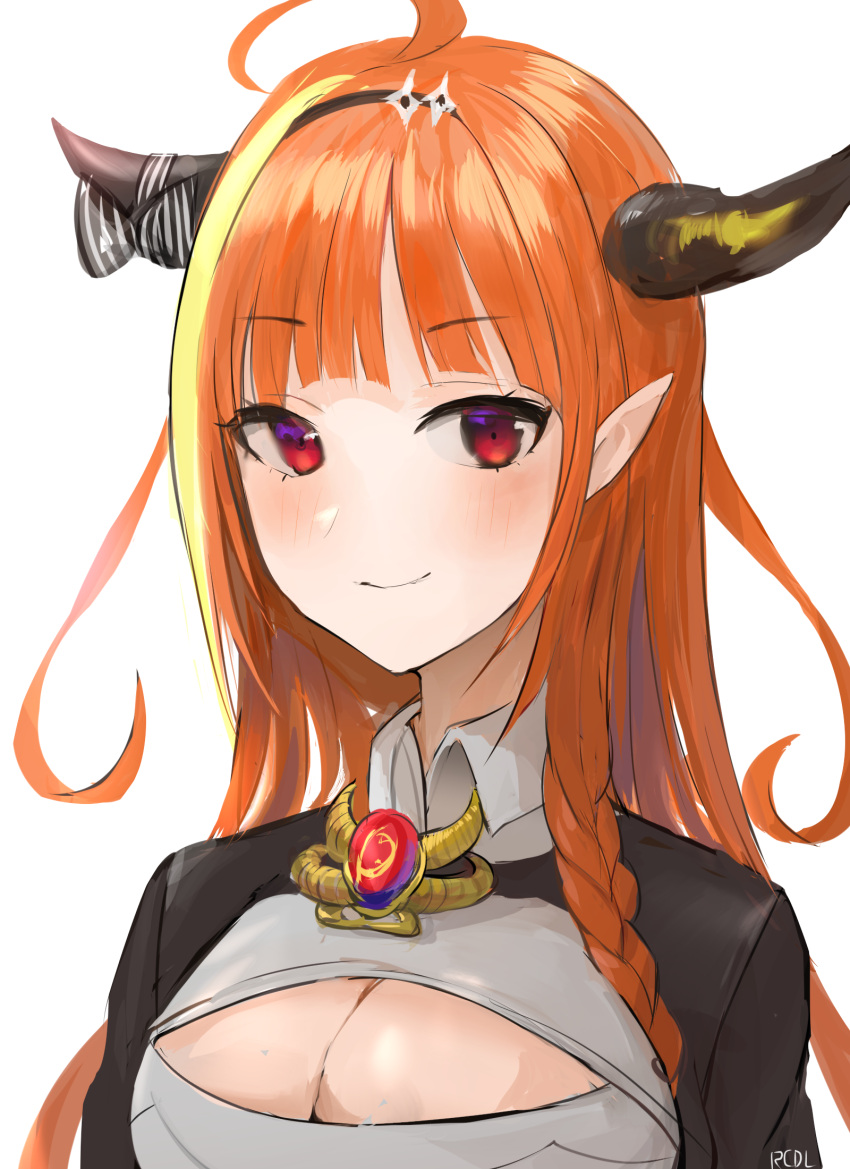 1girl ahoge artist_name bangs black_hairband black_jacket blonde_hair blunt_bangs blush bow braid breasts brooch chan1moon cleavage cleavage_cutout closed_mouth clothing_cutout collared_shirt dragon_girl dragon_horns eyebrows_visible_through_hair gem hairband highlights highres hololive horn_bow horns jacket jewelry kiryu_coco long_hair looking_at_viewer medium_breasts multicolored multicolored_eyes multicolored_hair orange_hair pointy_ears purple_eyes red_eyes shirt side_braid sidelocks simple_background single_braid smile solo streaked_hair striped striped_bow upper_body vertical-striped_bow virtual_youtuber white_background white_shirt