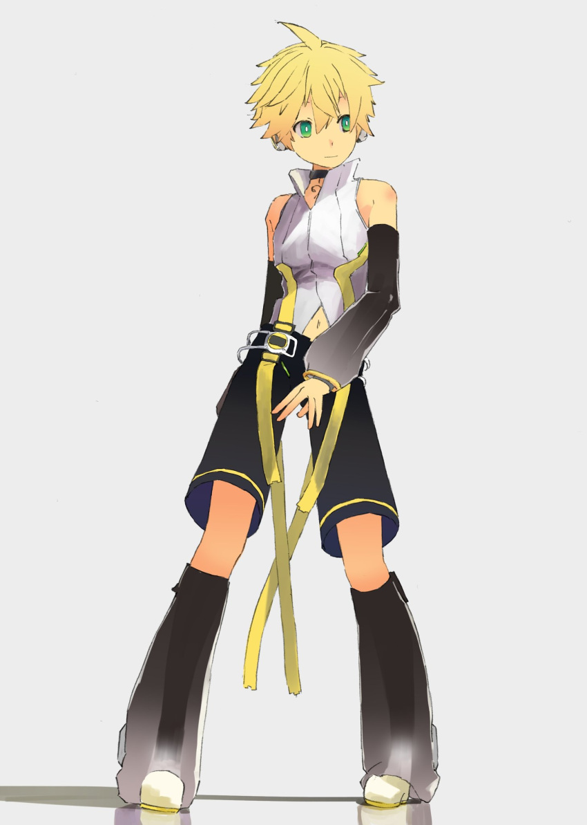 1boy aqua_eyes arm_behind_back bare_shoulders belt black_legwear black_shorts black_sleeves blonde_hair choker commentary d_futagosaikyou detached_sleeves full_body grey_background headphones highres kagamine_len kagamine_len_(append) leg_warmers light_smile looking_to_the_side male_focus pendant_choker pigeon-toed see-through_legwear shadow shirt shorts sketch sleeveless sleeveless_shirt solo spiked_hair standing vocaloid vocaloid_append white_shirt