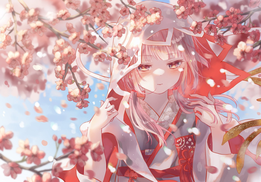 1girl blue_eyes blush cherry_blossoms closed_mouth half-closed_eyes highres hood hood_up japanese_clothes kaf kamitsubaki_studio kimono long_hair looking_at_viewer multicolored multicolored_eyes nazuna_(nazuna_su) pink_hair red_eyes shiromuku smile spring_(season) tree uchikake virtual_kaf virtual_youtuber white_kimono wind yellow_eyes