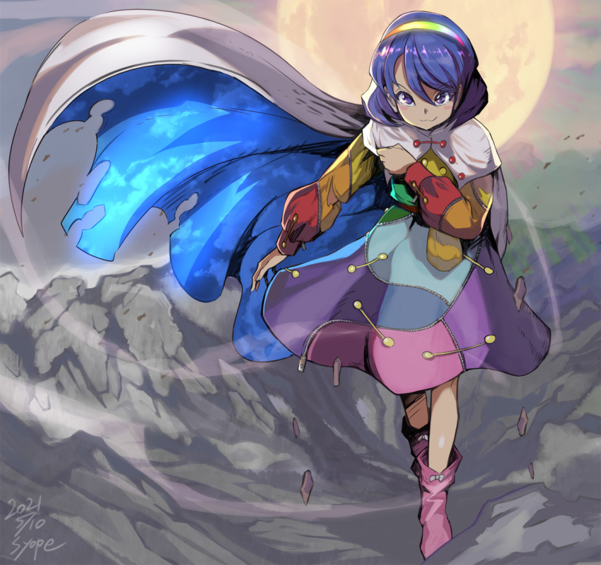 1girl bangs blue_hair cape dress long_sleeves multicolored multicolored_cape multicolored_clothes multicolored_dress multicolored_hairband pointing pointing_down pointing_up purple_eyes rainbow_gradient red_button shope short_hair sky_print smile solo tenkyuu_chimata touhou two-sided_cape two-sided_fabric white_cape zipper