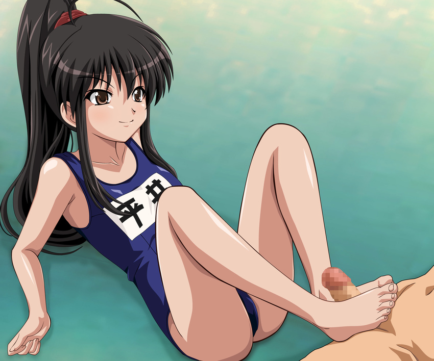 1girl ass barefoot black_hair brown_eyes censored danna feet foot footjob hairband highres long_hair one-piece_swimsuit penis ponytail poo:258 school_swimsuit shakugan_no_shana shana smile solo_focus swimsuit